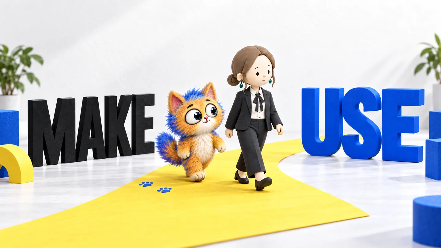 黒いMAKEから青いUSEへ、黄色い道を一緒に歩く猫とdoちゃん